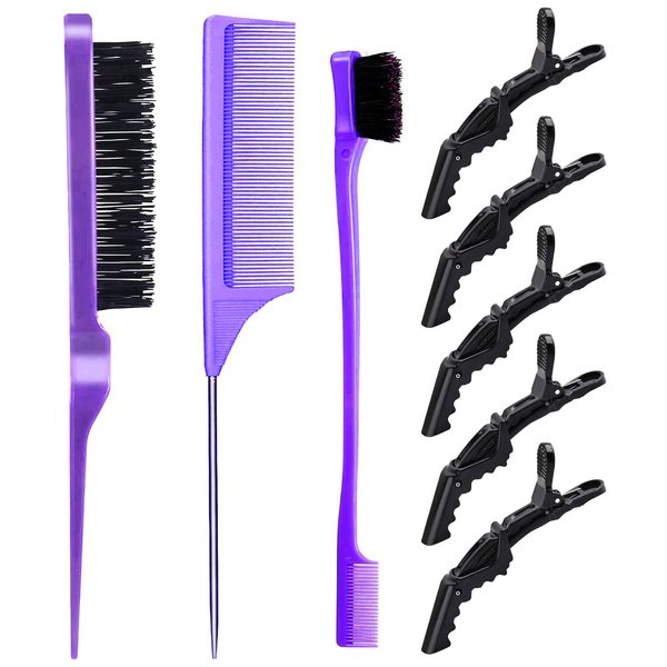 3 Pieces Teasing Brush Set Bristle Hair Brush 3 Row Teasing Brush Dual Edge Brush Sturdy Styling Comb Parting Comb for Brushing, Combing, Slicking Hair for Stylist Women (Purple-1)