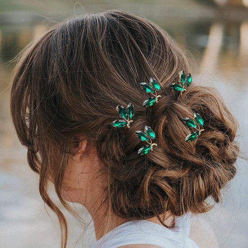 BETITETO Crystal Bridal Hair Pins Accessories 5 Pieces U-Shaped Rhinestone Headpiece for Wedding Party (Emerald Green)