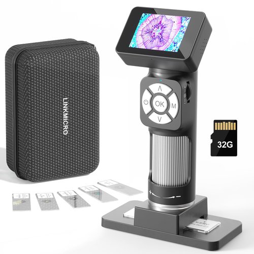 LINKMICRO LM112 Microscope for Kids, Handheld Digital Microscope with 2 inch Screen, 500X Portable Microscope Kit for Kids 8-12, 8 LED, USB Output, Microscope Slides, 900mAh Battery, 32G SD Card
