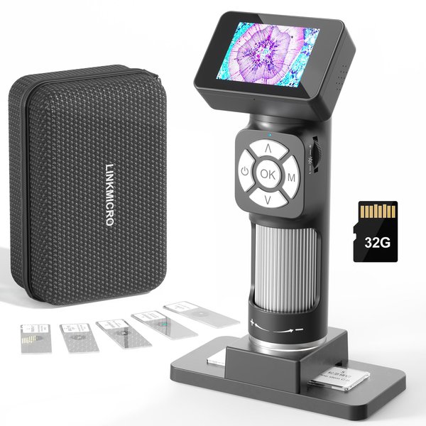 LINKMICRO LM112 Microscope for Kids, Handheld Digital Microscope with 2 inch Screen, 500X Portable Microscope Kit for Kids 8-12, 8 LED, USB Output, Microscope Slides, 900mAh Battery, 32G SD Card