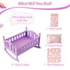 BABESIDE 4 Pcs Baby Doll Crib Set for 4-6 Inch Mini Baby Dolls, Wooden Baby Doll Bed Doll Furniture with Doll Bedding Set, Baby Doll Cradle for Kids Pretend Play Toys, Purple