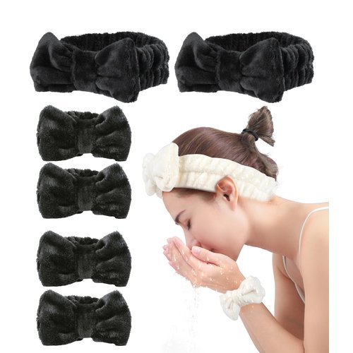 Spa Headband and Wristband Set,Face Wash Spa Headband and Wristband Set, Face Wash Headband Makeup Skincare Headband Wrist Bands Microfiber Wristbands for Women Girls Skin Care-Black