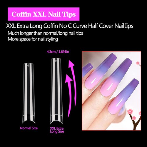600PCS No C Curve Coffin Nail Tips, XXL Clear Coffin Nail Tips for Acrylic Nails Professional, Long Coffin Nail Tips Half Cover Flattened Acrylic Nail Tips Fake Nails for Nail Salon Home DIY 12 Sizes