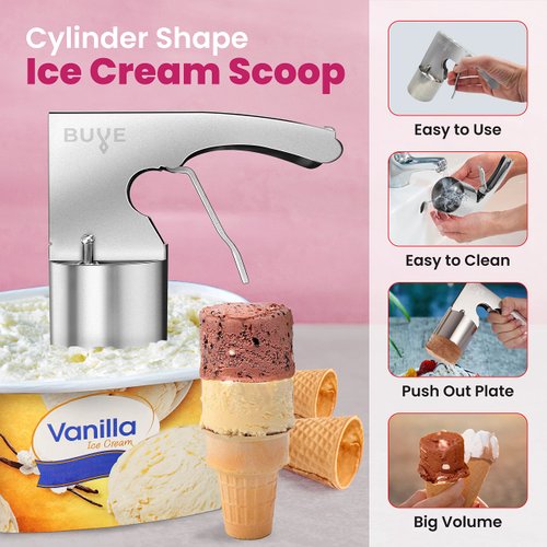 Ice Cream Scoop - Stainless Steel, Old Time Cylindrical Design with Spring-Powered Trigger for Easy Release | Easy to Clean | Big Volume Scoops | Old Fashioned Nostalgic Ice Cream Scooper
