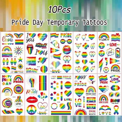 Pride Day Temporary Tattoos for Gay, 10 Sheets LGBT Rainbow Flag Tattoos Stickers Waterproof Fake Tattoo Stickers For Pride Equality Parades and Celebrations Pride Accessories