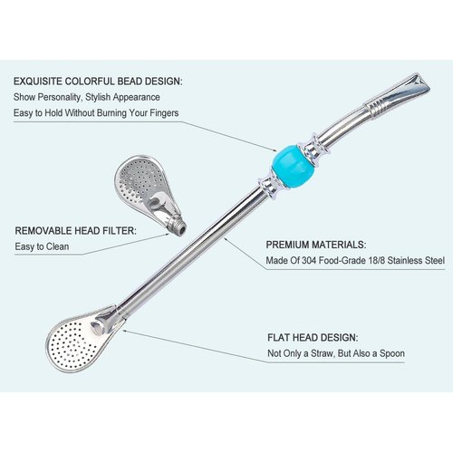 Premium Yerba Mate Straws - Reusable Stainless Steel Bombilla with Colorful Beads - Set for Mate Gourd Drinking, Removable Head Filter (Pink and Blue)