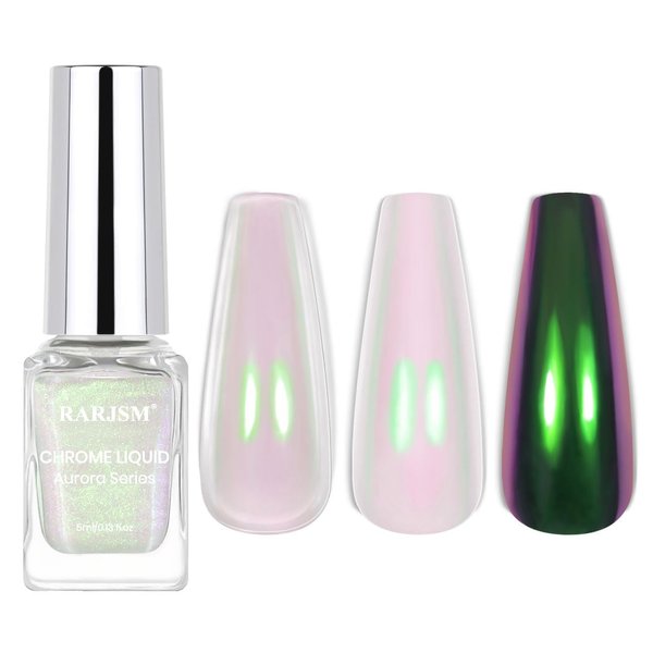RARJSM Aurora Chrome Nail Polish Chameleon Nail Powder Liquid Metallic Mirror Effect Pink Green Iridescent Chrome Nail Powder for Polish White Pearl Mermaid Glitter Nail Art Quick Dry 5ML 0.17FLOZ