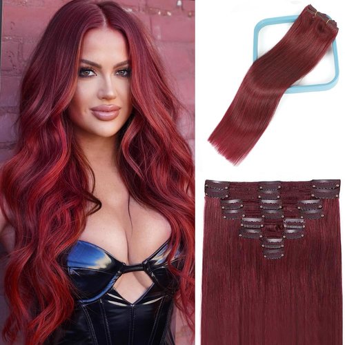 Clip in Hair Extensions Real Human Hair #99J Burgundy Red Clip in Hair Extensions Dark Red Brazilian Virgin Hair Double Weft Clip In Extensions 8pcs Clip In Hair Extensions Human Hair(24Inch #99J,90g)