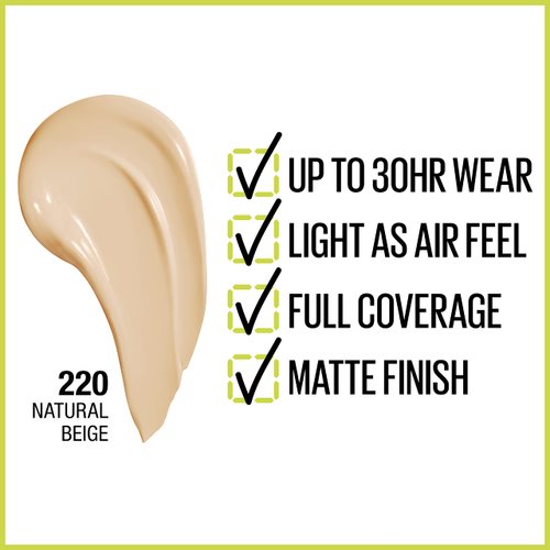 Maybelline Super Stay Full Coverage Liquid Foundation Active Wear Makeup, Up to 30Hr Wear, Transfer, Sweat & Water Resistant, Matte Finish, Natural Beige, 1 Count