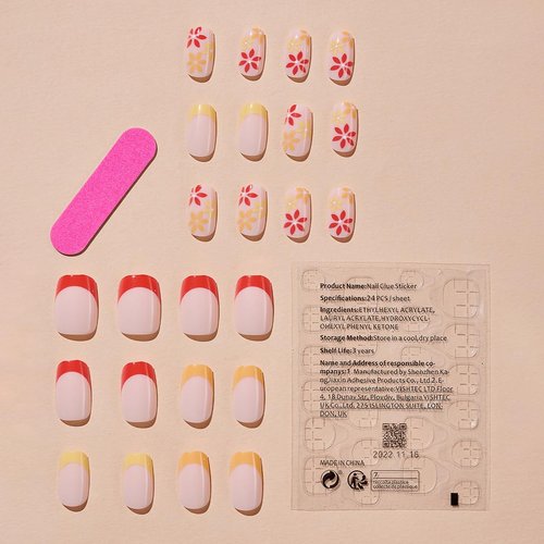 SINSEN Spring Press on Nails Flower Fake Nails, Short Square Glue on Acrylic Nails Glossy Yellow Red False Nails with Daisy Flowers Designs, Cute Stick on Nails for Women&Girls Nail Decorations 24PCS