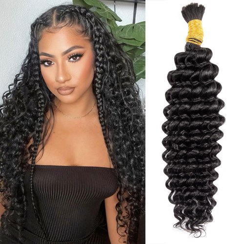 Human Braiding Hair 1 Bundle 100g Deep Water Wave Bulk Human Hair for Braiding No Weft 10A Brazilian Virgin Curly Human Hair Extensions for Boho Braids Wet and Wavy (Natural Black, 18Inch)