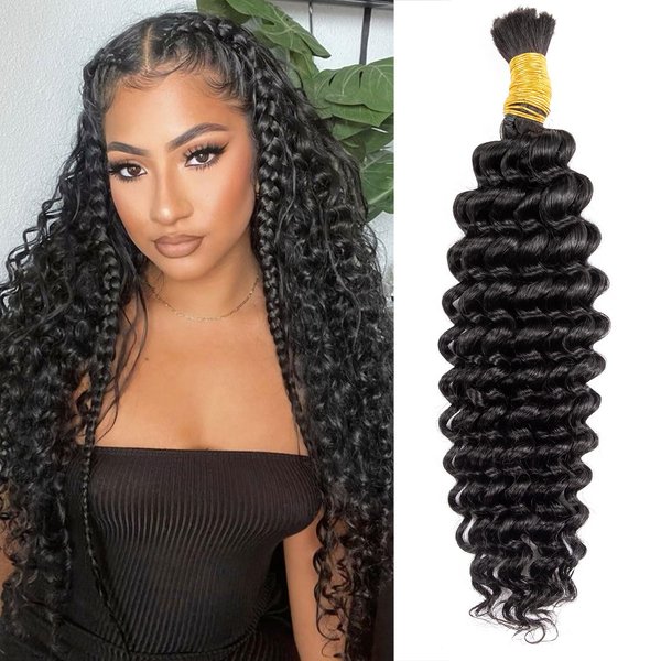 Human Braiding Hair 1 Bundle 100g Deep Water Wave Bulk Human Hair for Braiding No Weft 10A Brazilian Virgin Curly Human Hair Extensions for Boho Braids Wet and Wavy (Natural Black, 18Inch)
