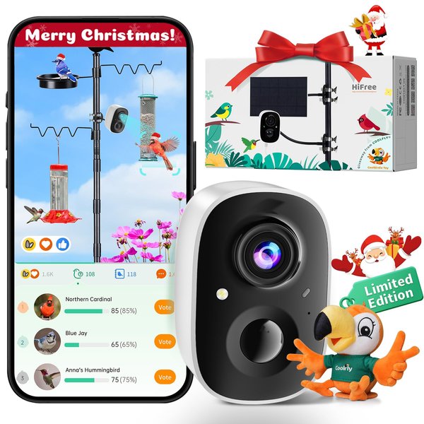 HIXX Bird Feeder Camera Solar Powered with CoolBirdie Collectible, Bird Videos & Arrival Alerts, Smart Bird Camera Outdoor Bird Cam for Any Backyard Feeder, Includes Limited Edition Plush Bird Toy