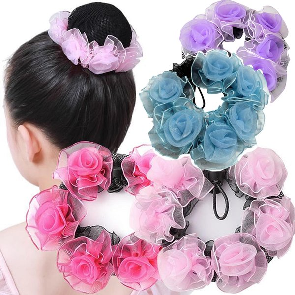AsggBah 4pcs Colored Elastic Hair Bun Covers Hair Nets with Flowers Deco for Girls Hair Accessories for Dancers Skating(Pink+Red+Purple+Blue)