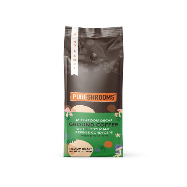 PureShrooms Decaf Mushroom Ground Coffee - Swiss Water Process - Organic Lion's Mane, Reishi, Cordyceps for Mind & Body Wellness | Caffeine-Free | Canadian-Made | Cognitive & Immune Boosting Coffee