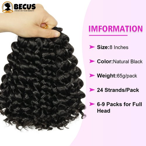 BECUS 6Packs Gogo Curl Crochet Hair for Black Women Jamaican Bounce Wand Curl Crochet Hair 8Inches Short Crochet Curly Braiding Synthetic Hair Extensions 24 Root/Pack(Natural Black #1B)