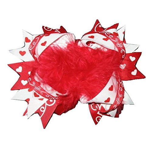 New "VALENTINE FUNKY HEARTS" Fur Hairbow Alligator Clips Girls 5 Inch Hair Bows Holiday Hairbow Fluffy Grosgrain Ribbon
