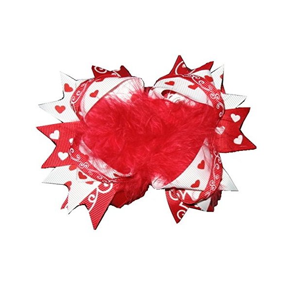 New "VALENTINE FUNKY HEARTS" Fur Hairbow Alligator Clips Girls 5 Inch Hair Bows Holiday Hairbow Fluffy Grosgrain Ribbon