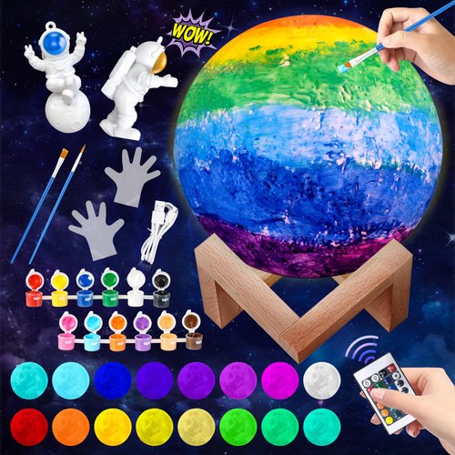 Paint Your Own Moon Lamp Kit, 16 Colors Rechargeable Night Light, Arts and Crafts Kit Art Supplies for Kids Ages 9-12,Valentines Crafts Kit for Teen Girls Boys, DIY Galaxy Lamp for Bedroom Space Decor