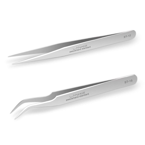 LANKIZ Eyelash Extension Tweezers Stainless Steel Straight and Curved Volume Lash Tweezers Set for Eyelash Extension Professional Applicator Tool-Silver