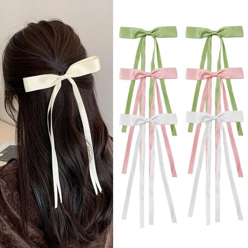 Hair Ribbon for Women Girls Hair Bows Clips Hair Accessories for Women Tassel Bowknot French Barrette Hair Clips with Long Tail Tassel Beige Pink Green 6PCS