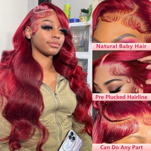 pidrez 99j Burgundy Lace Front Wigs Human Hair 28 Inch 13x6 Body Wave Lace Front Wigs Human Hair Pre Plucked 180 Density HD Transparent Red Colored Wigs Human Hair for Women with Baby Hair