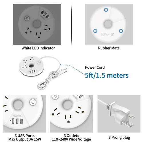 Travel Power Strip with USB Ports, NTONPOWER Cruise Approved Power Strip with 3 Outlet 3 USB, 5 ft Extension Cord with USB Ports, Compact for Indoor Home Office Dorm Room Cruise Essentials, White