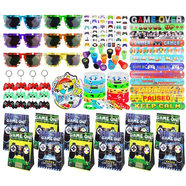 125Pcs Video Game Party Favors for Kids, with Goodie Bag Stuffers Includ Arcade Video Game Keychain Glasses Bracelets Stamps Tattoos Stickers etc, for Kids Boys Girls Birthday Party Favor Supplies