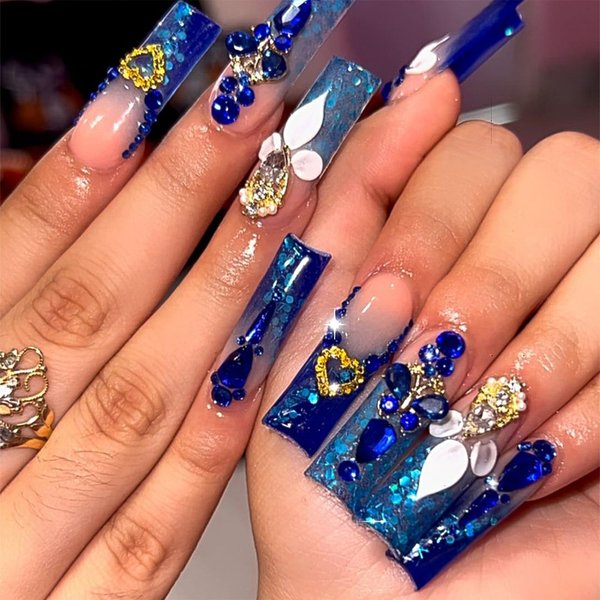 IMRAIN Press on Nails Long Square Fake Nails Blue Gradient Glue on Nails with Glitter Powder & Luxurious Butterfly Rhinestone Designs Full Cover Artificial Acrylic Reusable Nails for Women 24Pcs