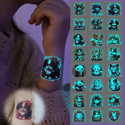 Yobbai Luminous Tattoos For Kids, Animal Tattoos Stickers with Dogs, Cats, Pandas, Foxes, Waterproof Glow In The Dark Tattoos for Kids Party Supplies