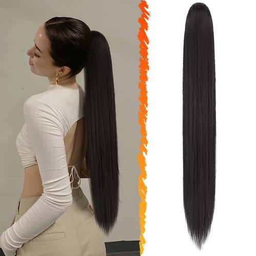 BARSDAR Long Straight Ponytail Extension - 30 Inch Drawstring Natural Black Ponytail Hair Extensions Synthetic Fake Pony Tails Hairpieces Clip in Ponytails for Women Girls Daily - Natural Black
