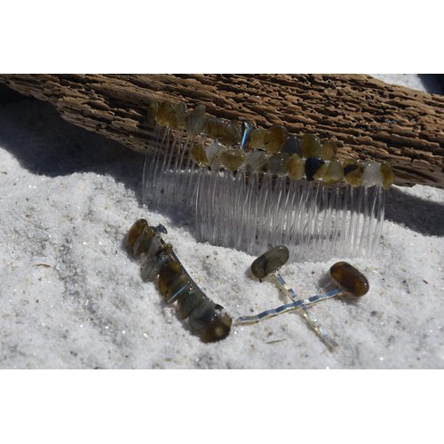 Labradorite Stone Hair Clip Set - Includes 2 Hair Combs, 1 60 mm French Barrette, 2 Hair Pins
