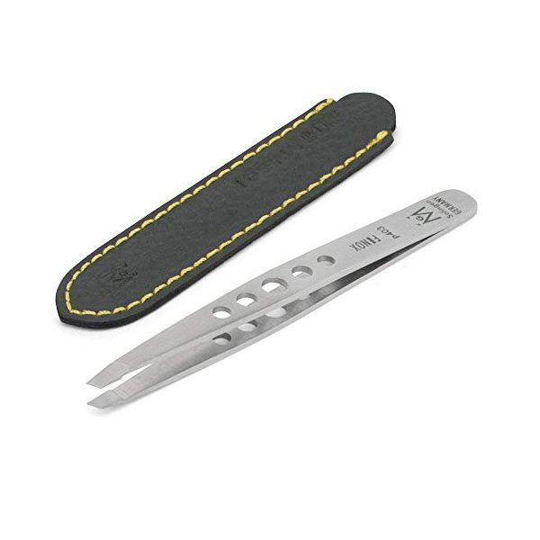 GERMANIKURE Professional Perforated Slanted Tweezers - FINOX Stainless Steel sharp tweezers in Leather Case - Professional Tweezers –Easy to use best tweezers- Ethically made in Solingen Germany 4403