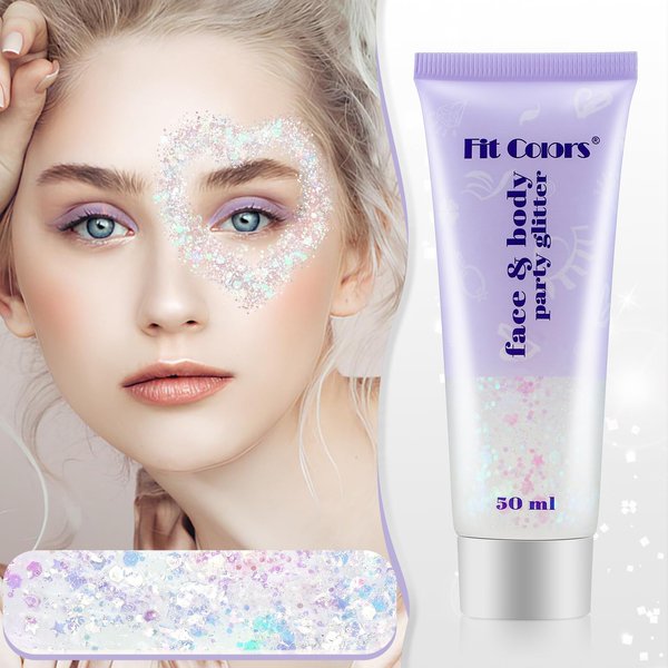 White Body Glitter Festival Body Glitter Holographic Body Glitter Face Glitter for Concert Outfits, Clubwear or Cosplay, Costumes, Sequins Glitter Face Paint, Chunky Glitter, 50ml