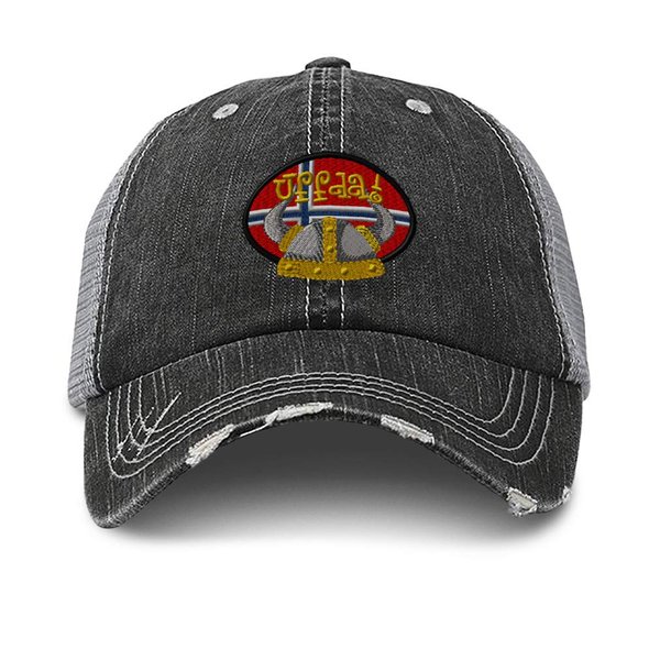 Custom Distressed Trucker Hat Uffda! Embroidery Cotton for Men & Women Strap Closure Black Gray Design Only