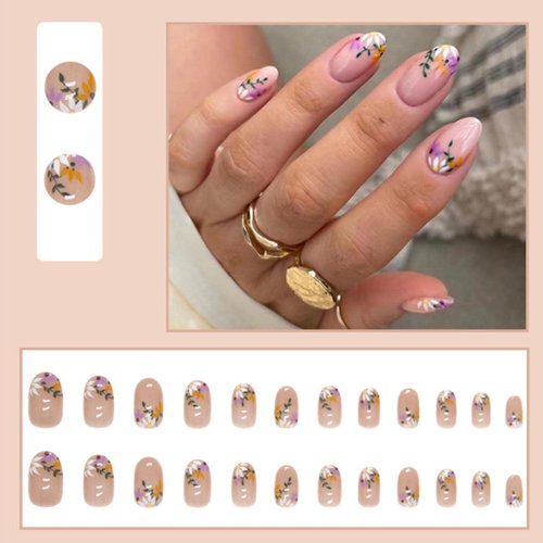 24 Pcs YoYoee Almond Press on Nails Short Daisy False Nails Acrylic Full Cover Fake Nails Cute Color Nails Tips for Womon and Girle