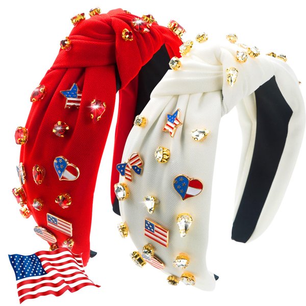 IDDFEVE 2Pcs 4th of July Headband for Women, Rhinestone Knotted Design with USA Flag Heart Hair Hoop, Patriotic Independence Day Holiday Wide Hair Accessory with Jeweled Crystal (Red&White)