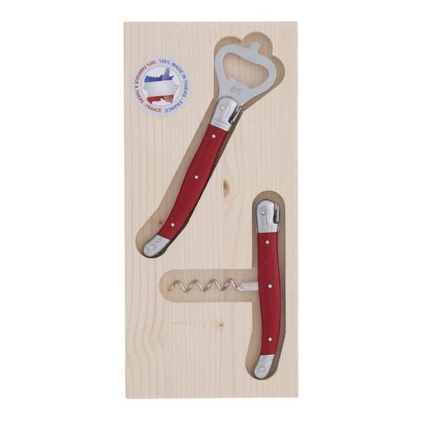 Jean Dubost Laguiole Corkscrew & Bottle Opener, Red Handles - Rust-Resistant Stainless Steel - Includes Wooden Tray - Made in France