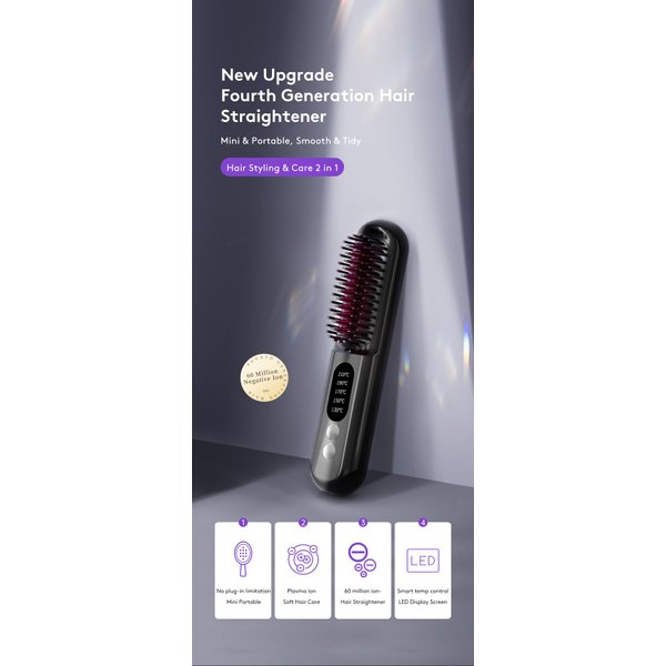 FLUX'S Portable Hair Straightener Brush: USB Charging, 5 Temperature Gears 130°C to 200°C (266°F to 392°F), Hidden Heating, Scalp Massage, LED Display, auto Power Off, Tooth Comb Design.