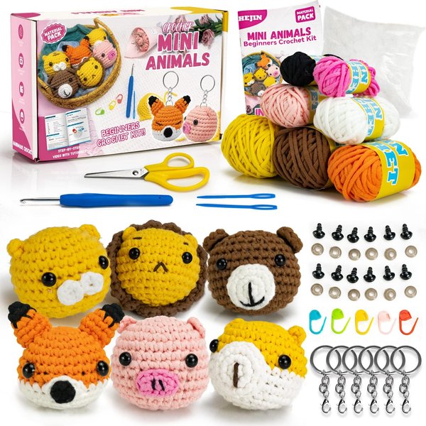 Crochet Kit for Beginners, 6PCS Crochet Animal Kit for Adults Kids, Crochet Kits Include Videos Tutorials, Beginner Yarn, Eyes, Crochet Hook - Gifts for Women, Teen, Girls Birthdays