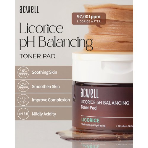 ACWELL Licorice pH Balancing Toner Pad - Vegan Cotton Pad, Double-sided Toner Pads for Blemish and Soothing Care - Korean Daily Skincare - Improves Uneven Skin Tone, 70pads