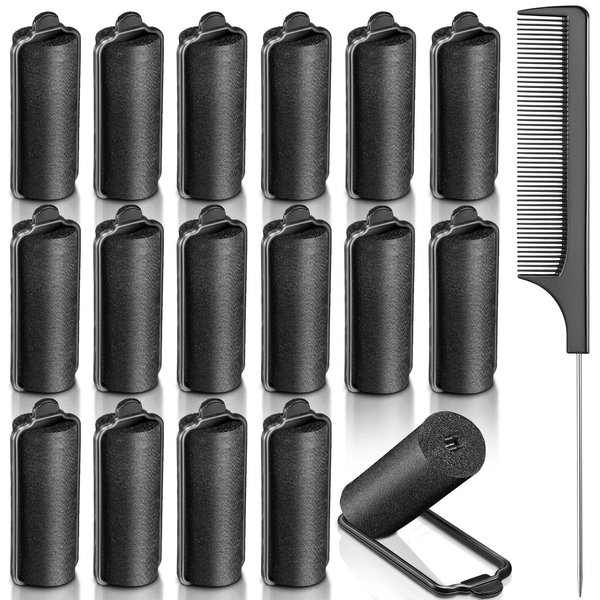 18 Pieces Satin Rollers for Black Hair Sponge Hair Rollers Black Satin Foam Rollers Silk Covered Soft Rollers for Hairdressing Styling (1.18 Inch)