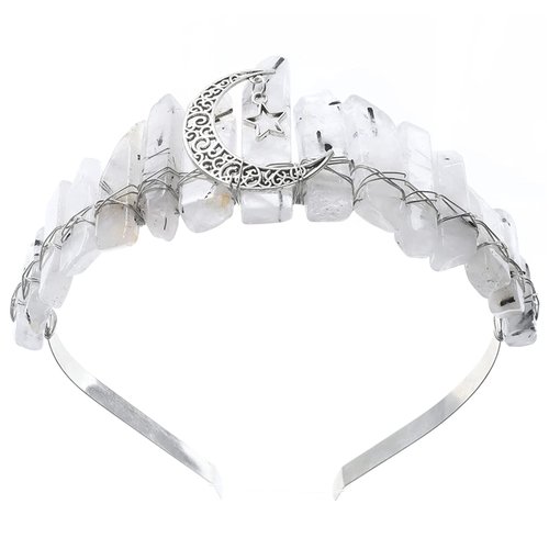 Quartz Crown Raw Crystal Headband Rhinestone Tiara Hair Band with Moon Star Headband for Women Bridal Wedding Tarot Parties (Pale crystal)