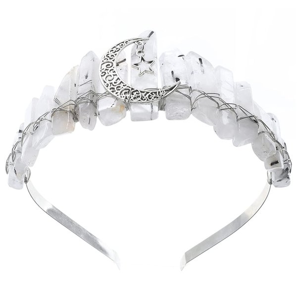 Quartz Crown Raw Crystal Headband Rhinestone Tiara Hair Band with Moon Star Headband for Women Bridal Wedding Tarot Parties (Pale crystal)