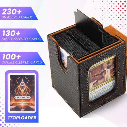 Scimi MTG Deck Box for Commander Display,Card Deck Box Fits 100 Double Sleeved Cards, Magic Commander TCG Card Leather Storage Box with 2 Dividers and 1 Toploader (Black/Golden)