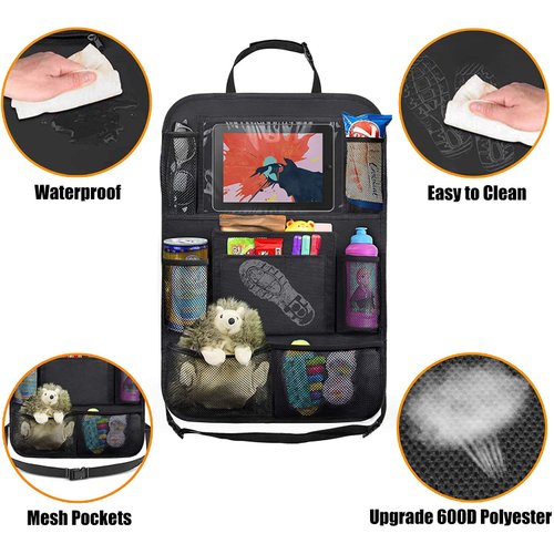 ULEEKA Car Backseat Organizer with 10" Table Holder, 9 Storage Pockets Seat Back Protectors Kick Mats for Kids Toddlers, Travel Accessories, 2 Pack