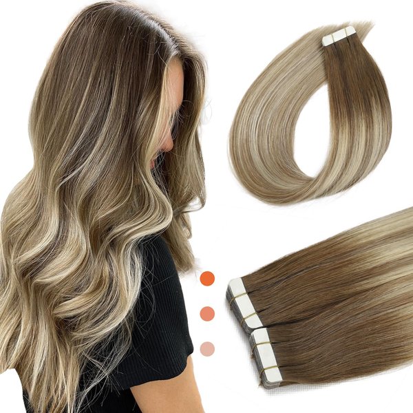 XDhair Tape in Hair Extensions,50g 16 Inch Balayage Walnut Brown to Ash Brown and Golden Blonde Hair Extensions Remy Human Hair Tape in Extensions (T#3/8/22-16 Inch)
