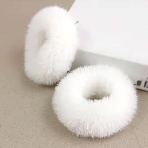 Faux Fur Hair Scrunchies, Pom Pom Hair Tie Furry Hair Bands with Faux Rabbit Fur Fluffy Elastic Hair Bobbles Ponytail Holders Girls Women Hair Accessories (white)