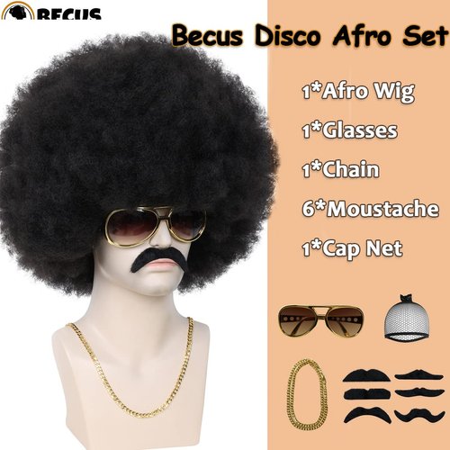 BECUS 5pcs Afro Wig Men Set 1970s 80s Wig for Men, Disco Wig for Halloween Party, Short Wigs for Men Boys, Rocker Costume Set Wig for Cosplay Costume(Wig+Glasses+Mustache+Necklace+Wig Net)