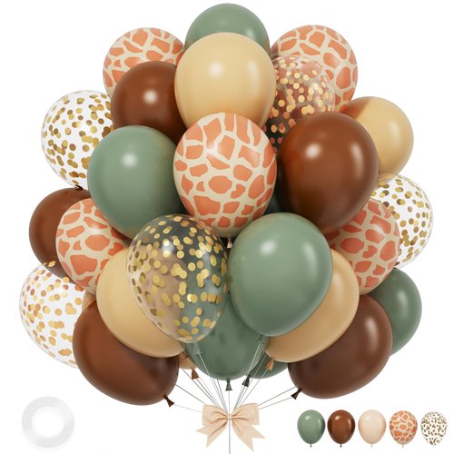 Green and Brown Balloons, 12 Inchs Sage Green Deer Print Gold Confetti Balloons for Kids Woodland Baby Shower Decorations Safari Jungle Dinosaur Theme Birthday Party Wedding Grauation Supplies